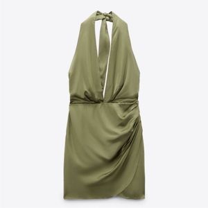 Zara green satin effect mini halter dress